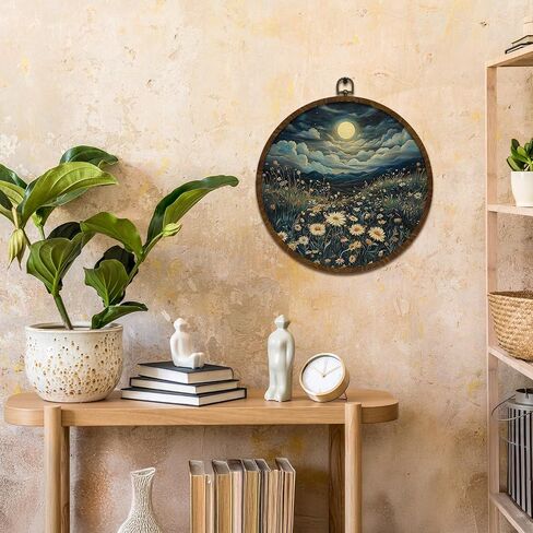 Moonlit Daisy Meadow Round Wall Art,10"x10" Romantic Nature Canvas Wall Hanging Decor with Frame, Rustic Night Landscape Wildflower Painting for Bedroom, Living Room, or Gift (FJ01) in Saudi Arabia