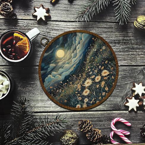 Moonlit Daisy Meadow Round Wall Art,10"x10" Romantic Nature Canvas Wall Hanging Decor with Frame, Rustic Night Landscape Wildflower Painting for Bedroom, Living Room, or Gift (FJ01) in Saudi Arabia
