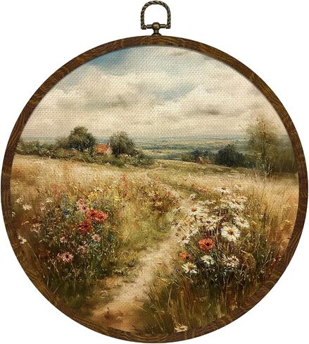 Moonlit Daisy Meadow Round Wall Art,10"x10" Romantic Nature Canvas Wall Hanging Decor with Frame, Rustic Night Landscape Wildflower Painting for Bedroom, Living Room, or Gift (FJ01) in Saudi Arabia