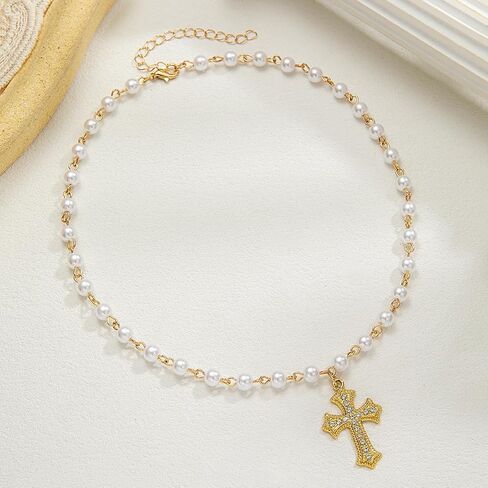 Cross Necklace 14K Silver Plated Dainty Small Pendant Choker Simple Trendy Cute Charm Chain Faith Jewelry Religious Minimalist Gift in Kuwait