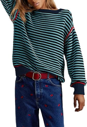 Women's Fall Casual Long Sleeve Sweaters Oversized Crewneck Striped Color Block Y2K Pullover Tops in Saudi Arabia