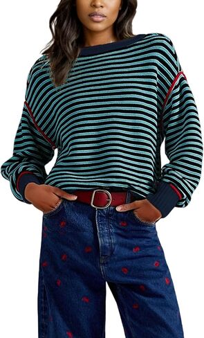 Women's Fall Casual Long Sleeve Sweaters Oversized Crewneck Striped Color Block Y2K Pullover Tops in Saudi Arabia