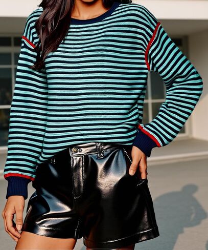 Women's Fall Casual Long Sleeve Sweaters Oversized Crewneck Striped Color Block Y2K Pullover Tops in Saudi Arabia
