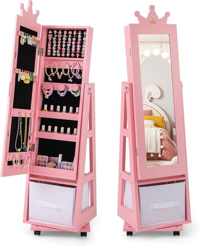 HONEY JOY Kids Jewelry Armoire Cabinet, 360° Swivel Standing Wooden Standing Jewelry Organizer w/Full-length Mirror & Lockable Wheel, 48" Mobile Dress Up Vanity Jewelry Cabinet for Little Girls(Pink) in Saudi Arabia