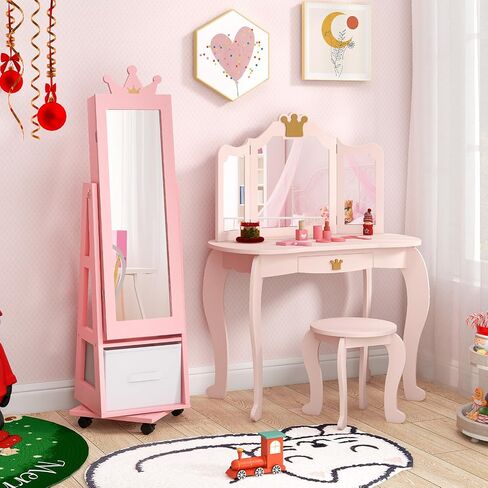 HONEY JOY Kids Jewelry Armoire Cabinet, 360° Swivel Standing Wooden Standing Jewelry Organizer w/Full-length Mirror & Lockable Wheel, 48" Mobile Dress Up Vanity Jewelry Cabinet for Little Girls(Pink) in Saudi Arabia