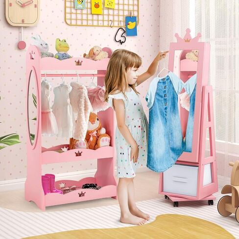 HONEY JOY Kids Jewelry Armoire Cabinet, 360° Swivel Standing Wooden Standing Jewelry Organizer w/Full-length Mirror & Lockable Wheel, 48" Mobile Dress Up Vanity Jewelry Cabinet for Little Girls(Pink) in Saudi Arabia