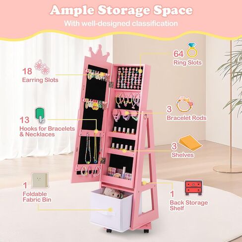HONEY JOY Kids Jewelry Armoire Cabinet, 360° Swivel Standing Wooden Standing Jewelry Organizer w/Full-length Mirror & Lockable Wheel, 48" Mobile Dress Up Vanity Jewelry Cabinet for Little Girls(Pink) in Saudi Arabia