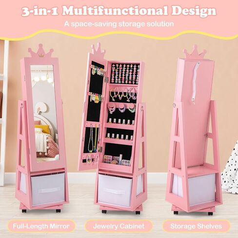 HONEY JOY Kids Jewelry Armoire Cabinet, 360° Swivel Standing Wooden Standing Jewelry Organizer w/Full-length Mirror & Lockable Wheel, 48" Mobile Dress Up Vanity Jewelry Cabinet for Little Girls(Pink) in Saudi Arabia