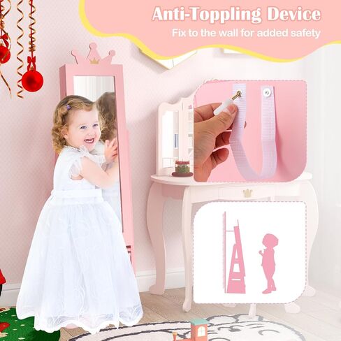 HONEY JOY Kids Jewelry Armoire Cabinet, 360° Swivel Standing Wooden Standing Jewelry Organizer w/Full-length Mirror & Lockable Wheel, 48" Mobile Dress Up Vanity Jewelry Cabinet for Little Girls(Pink) in Saudi Arabia