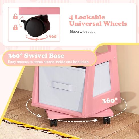 HONEY JOY Kids Jewelry Armoire Cabinet, 360° Swivel Standing Wooden Standing Jewelry Organizer w/Full-length Mirror & Lockable Wheel, 48" Mobile Dress Up Vanity Jewelry Cabinet for Little Girls(Pink) in Saudi Arabia
