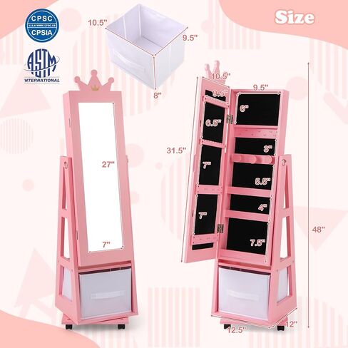 HONEY JOY Kids Jewelry Armoire Cabinet, 360° Swivel Standing Wooden Standing Jewelry Organizer w/Full-length Mirror & Lockable Wheel, 48" Mobile Dress Up Vanity Jewelry Cabinet for Little Girls(Pink) in Saudi Arabia