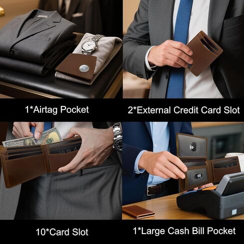 محفظة Airtag، محفظة رجالية ثنائية الطي من الجلد الطبيعي المحبب بالكامل، نافذة بمعرفين، فتحة 12 بطاقة، محفظة حجب RFID بسيطة للرجال (بني مضغوط) in Saudi Arabia