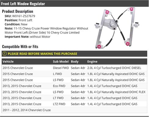 Front Left Driver Side Window Regulator - Compatible with 2011-2015 Chevy Cruze FWD Sedan 4-Door in Saudi Arabia