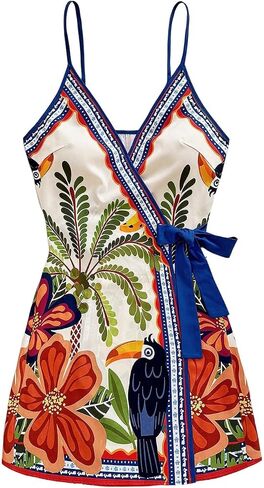 SOLY HUX Women's Tropical Print Mini Dress Summer Wrap V Neck Bow Tie Vacation Dresses in Saudi Arabia