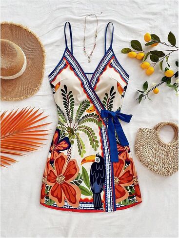 SOLY HUX Women's Tropical Print Mini Dress Summer Wrap V Neck Bow Tie Vacation Dresses in Saudi Arabia
