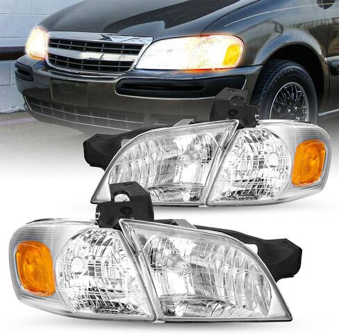 4pcs Fits for 1997-2005 Chevy Venture / 97-05 Pontiac / 97-04 Oldsmobile Silhouette Halogen Headlight with Side Marker Lights Assembly Set Pair (Chrome Housing with Amber Reflector) in Saudi Arabia