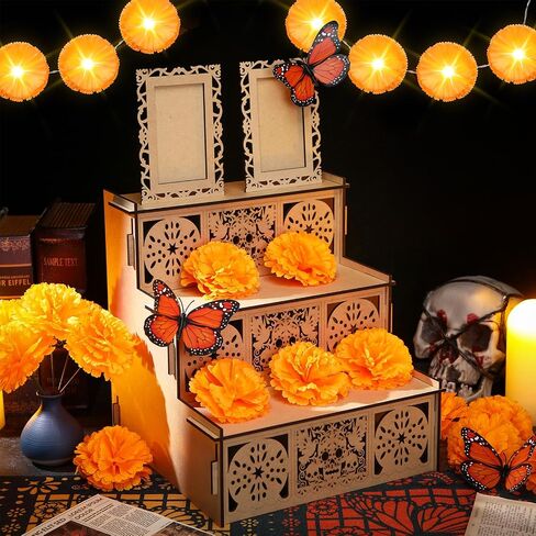 Dia De Los Muertos Decoration Set Including Day of the Dead Altar Ofrenda with Two Photo Frames Artificial Marigold Flowers 4.92 ft Diwali Marigold Garland Light and Monarch Butterfly in Saudi Arabia