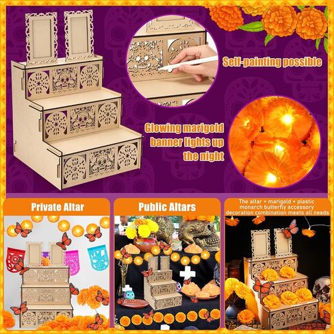 Dia De Los Muertos Decoration Set Including Day of the Dead Altar Ofrenda with Two Photo Frames Artificial Marigold Flowers 4.92 ft Diwali Marigold Garland Light and Monarch Butterfly in Saudi Arabia