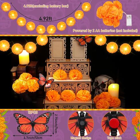 Dia De Los Muertos Decoration Set Including Day of the Dead Altar Ofrenda with Two Photo Frames Artificial Marigold Flowers 4.92 ft Diwali Marigold Garland Light and Monarch Butterfly in Saudi Arabia