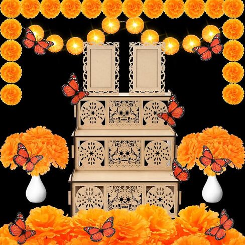 Dia De Los Muertos Decoration Set Including Day of the Dead Altar Ofrenda with Two Photo Frames Artificial Marigold Flowers 4.92 ft Diwali Marigold Garland Light and Monarch Butterfly in Saudi Arabia