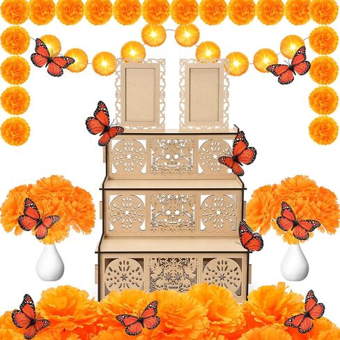 Dia De Los Muertos Decoration Set Including Day of the Dead Altar Ofrenda with Two Photo Frames Artificial Marigold Flowers 4.92 ft Diwali Marigold Garland Light and Monarch Butterfly in Saudi Arabia
