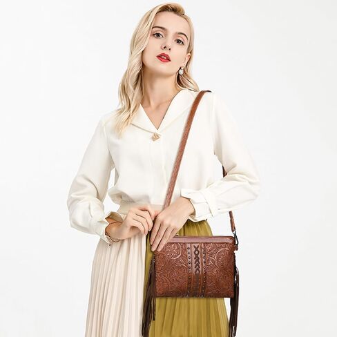 SENDEFN Fashion Women Fringe Crossbody Handbag PU Leather Hobo Bag Tassel Purse Vintage in Kuwait