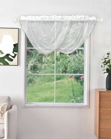 White Waterfall Valance for Windows/Living Room/Bedroom, Pure White Solid Color Sheer Swag Valances Rod Pocket Curtains Simple Modern Art Kitchen Bathroom Window Treatment 3 Panels 38.5''x47.2'' in Saudi Arabia