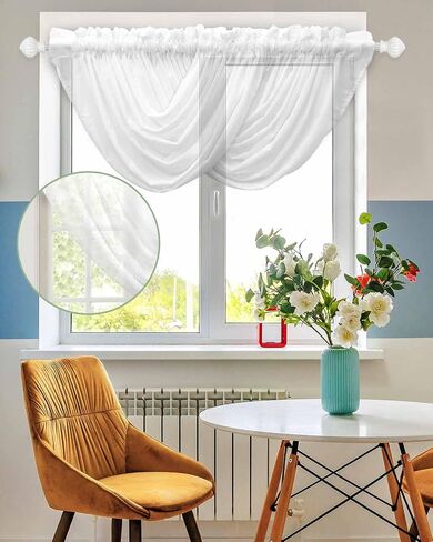 White Waterfall Valance for Windows/Living Room/Bedroom, Pure White Solid Color Sheer Swag Valances Rod Pocket Curtains Simple Modern Art Kitchen Bathroom Window Treatment 3 Panels 38.5''x47.2'' in Saudi Arabia