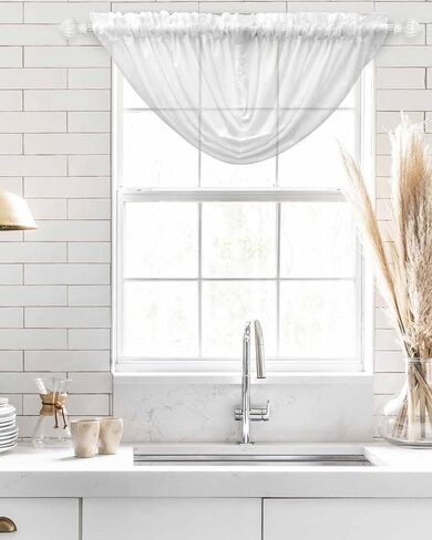 White Waterfall Valance for Windows/Living Room/Bedroom, Pure White Solid Color Sheer Swag Valances Rod Pocket Curtains Simple Modern Art Kitchen Bathroom Window Treatment 3 Panels 38.5''x47.2'' in Saudi Arabia