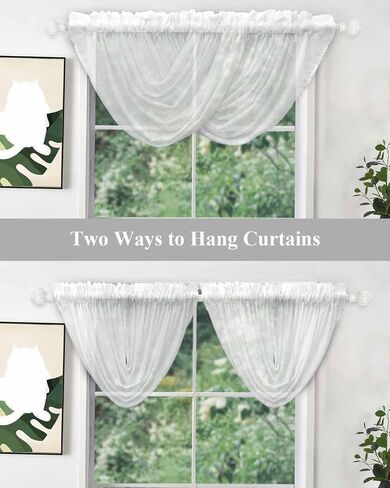 White Waterfall Valance for Windows/Living Room/Bedroom, Pure White Solid Color Sheer Swag Valances Rod Pocket Curtains Simple Modern Art Kitchen Bathroom Window Treatment 3 Panels 38.5''x47.2'' in Saudi Arabia