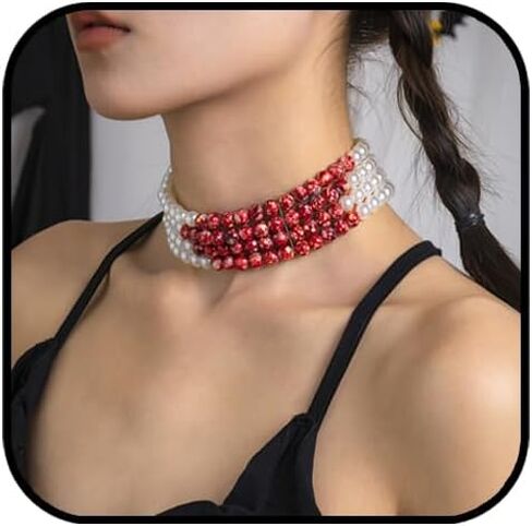 Dripping Vampire Necklace for Women Gothic Bleeding Pearl Layered Necklace Vampire Dripping Blood Pearl Necklaces Halloween Vampires Witch Cosplay Costume Accessories in Saudi Arabia