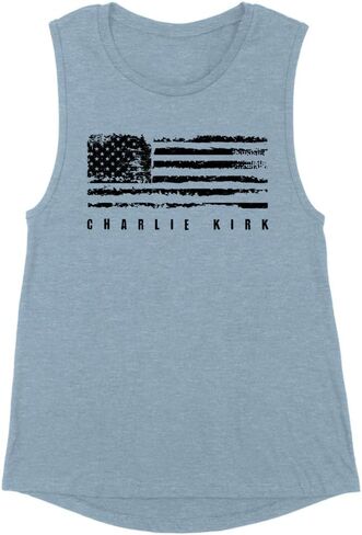 TeesAndTankYou Charlie Kirk Distressed USA American Flag Women's Muscle Tank in Saudi Arabia