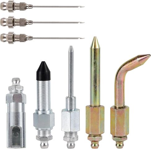 8pcs Grease Gun Accessory Kit, Fittings Include 3 Grease Nozzles, 1 Needle Dispenser, Rubber Tip Joint Nipple, Straight Nozzle & Bent Adapter Coupler for Tight Spaces in Saudi Arabia