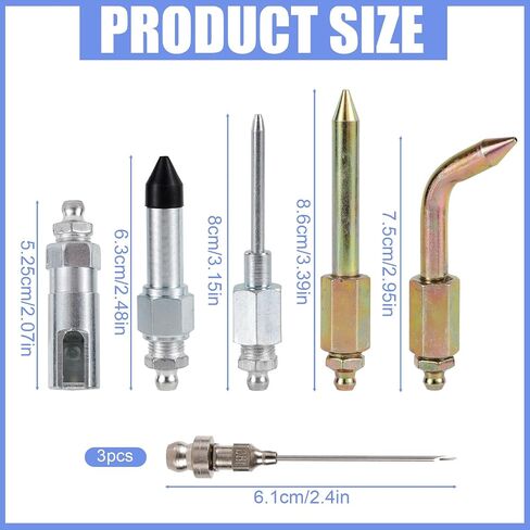 8pcs Grease Gun Accessory Kit, Fittings Include 3 Grease Nozzles, 1 Needle Dispenser, Rubber Tip Joint Nipple, Straight Nozzle & Bent Adapter Coupler for Tight Spaces in Saudi Arabia