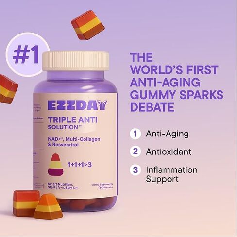 Triple Anti Solution | 3-Layer Anti-Aging Collagen Gummies for Women & Men | Supports Skin Firmness, Energy, Antioxidant & Stress Relief | Resveratrol, Ashwagandha, BioPerine®, 60 Count in Kuwait
