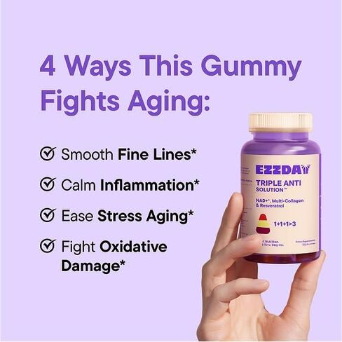 Triple Anti Solution | 3-Layer Anti-Aging Collagen Gummies for Women & Men | Supports Skin Firmness, Energy, Antioxidant & Stress Relief | Resveratrol, Ashwagandha, BioPerine®, 60 Count in Kuwait