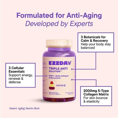 Triple Anti Solution | 3-Layer Anti-Aging Collagen Gummies for Women & Men | Supports Skin Firmness, Energy, Antioxidant & Stress Relief | Resveratrol, Ashwagandha, BioPerine®, 60 Count in Kuwait