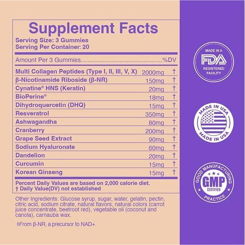Triple Anti Solution | 3-Layer Anti-Aging Collagen Gummies for Women & Men | Supports Skin Firmness, Energy, Antioxidant & Stress Relief | Resveratrol, Ashwagandha, BioPerine®, 60 Count in Kuwait