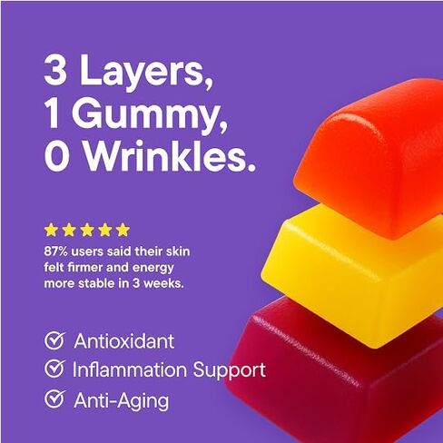Triple Anti Solution | 3-Layer Anti-Aging Collagen Gummies for Women & Men | Supports Skin Firmness, Energy, Antioxidant & Stress Relief | Resveratrol, Ashwagandha, BioPerine®, 60 Count in Kuwait