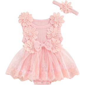 ZAXARRA Infant Baby Girl Lace Romper Baby Tulle Dress Romper Flowers Bodysuit Spring Summer Festival Clothes with Headband