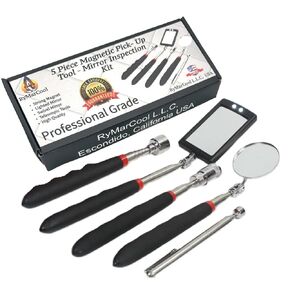 Inspection Mirror Kit with Magnetic Pick-Up Tools. 5 Piece Set. Lighted Inspection Mirror and Lighted Magnetic Pick-Up Tool.