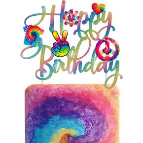 Tie Dye Happy Birthday Cake Topper Tie Dye Party Decoration for Carnival Party Supplies Hippie Theme Groovy Party Baby Shower Supplies