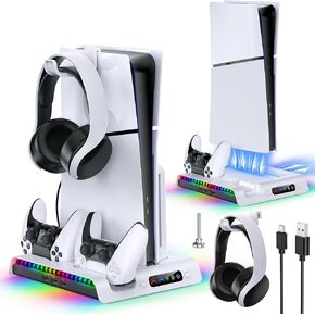 Vertical Stand with Cooling Fan for PS5 Slim Digital/Disc, Controller Charging Station with 9 RGB Lights & Headset Hook & 3-Level Silent Fan, Cooler System Accessories for PS5 Slim Console