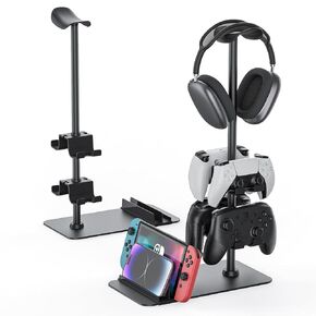 MANMUVIMO Headset Stand Controller Holder for 1 Headset and 4 Controller, Headphone Game Controller Stand for Desk, Gamer Gifts, Organizer Rack for Switch/iPad/Mobile Phone, Gaming Room Accessories