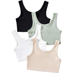 Milumia Girl's 4 Pack Ribbed Knit Scoop Neck Sleeveless Casual Basic Crop Tank Tops