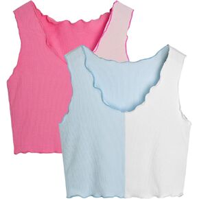 Milumia Girl's 2 Pack Color Block Ribbed Tank Tops V Neck Lettuce Trim Crop Tops Set