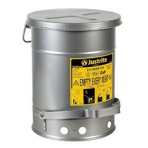 Justrite SoundGuard 09104 Galvanized Steel Oily Waste Can with Foot Operated Cover, 6 Gallon Capacity, Silver