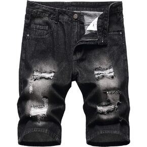QIMYUM Men's Fashion Denim Shorts Slim Fit Ripped Shorts Jeans
