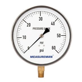 حافظة من الفولاذ المقاوم للصدأ MEASUREMAN 304، مقياس ضغط المقاول الخالي من الرصاص، 0-60 رطل لكل بوصة مربعة، حجم القرص 4-1/2 بوصة، دقة -1%، حامل سفلي 1/4 بوصة NPT