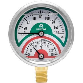 Roastove Tridicator, Thermo-Manometer, 2-1/2", Silicone Oil Filled, 0-160psi/30-250 deg F, Stainless Steel Case, 1/4"NPT Lower Mount Pressure Gauge